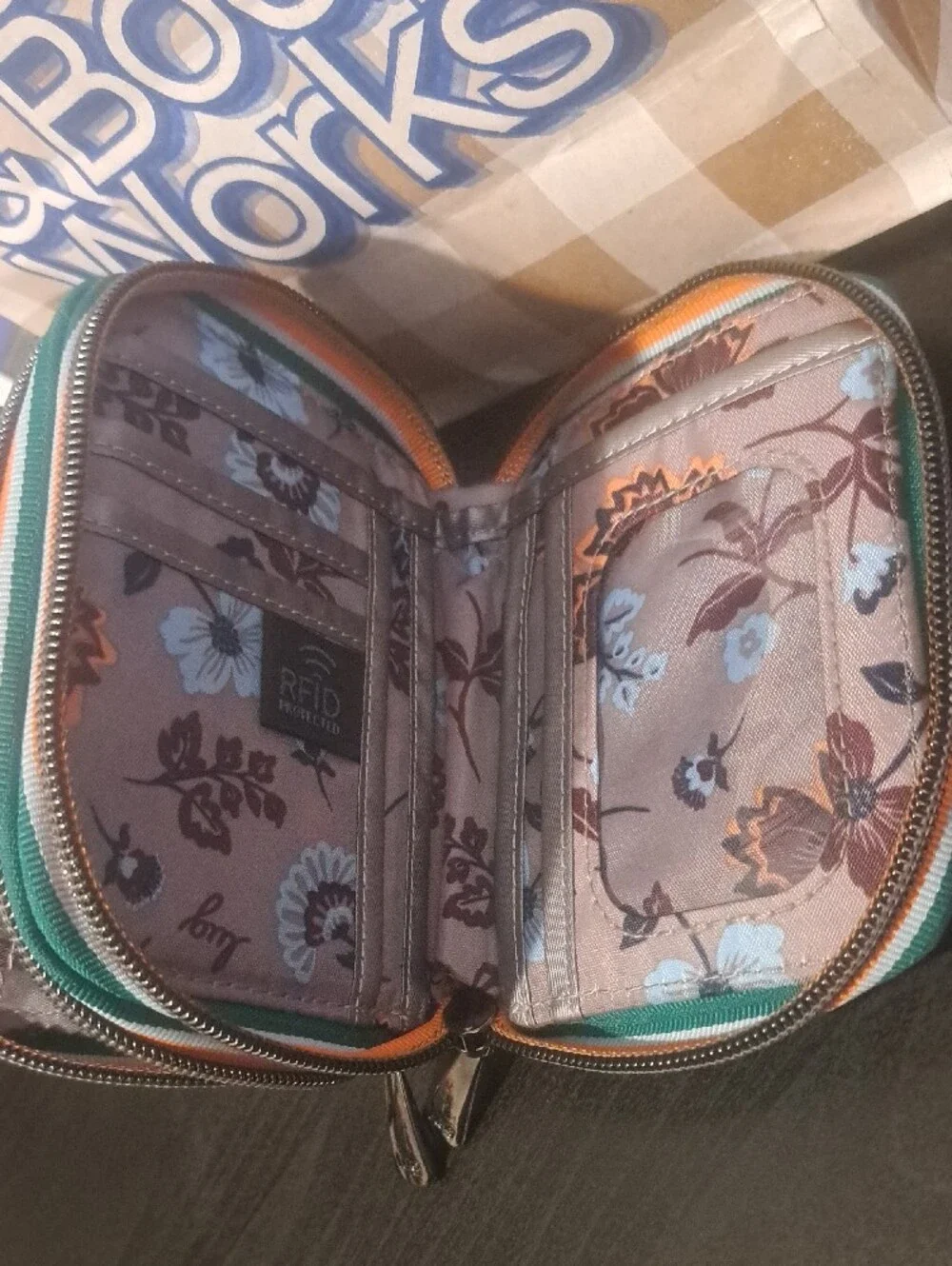 Lug Quilted Silver Wallet with Green and Orange Trim